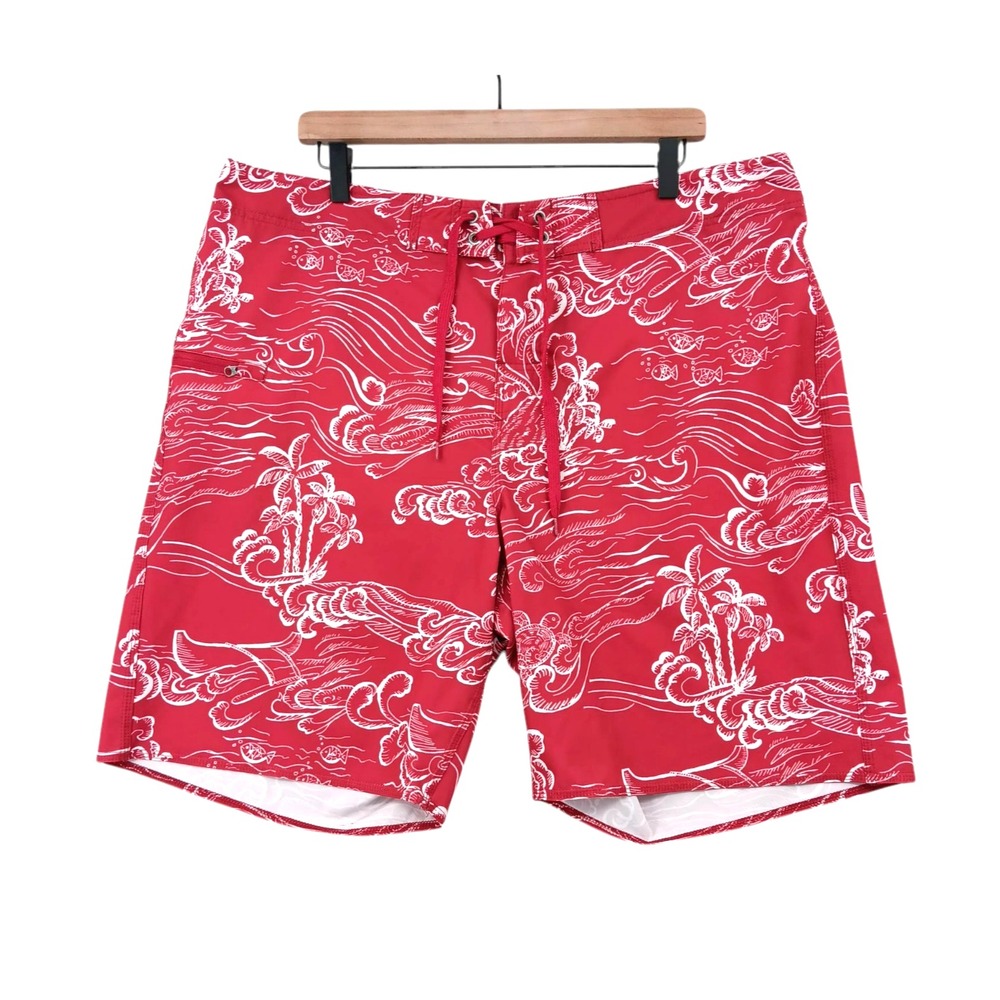 Kahala Board Shorts Mens 38 Red Aloha Surf Print Stretch Swim Trunks‎ Beachwear